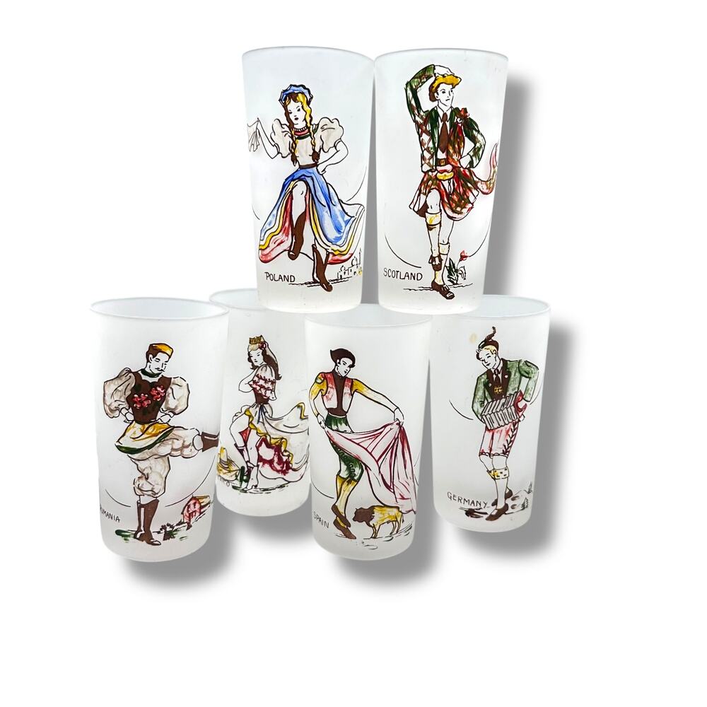 Set of 6 Vintage Frosted Federal Glass Around the World Cocktail Glasses